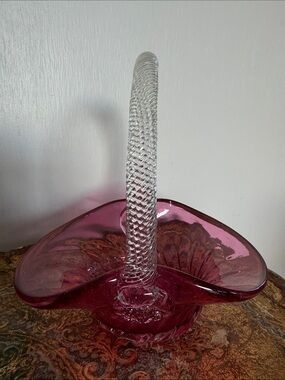 Vintage Murano Cranberry Blown Glass Basket with Clear Twisted Handle